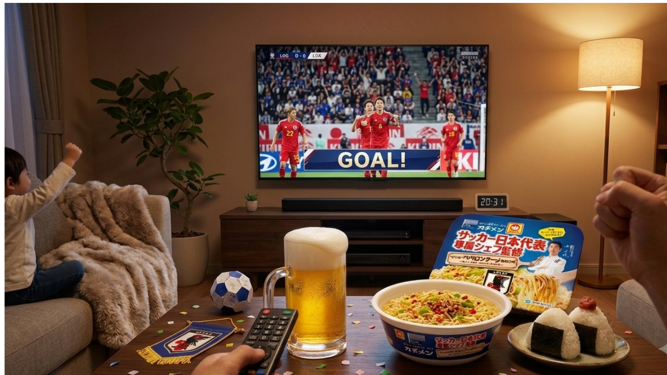 ワールドカップ観戦飯。テレビの前のカップ麺やおにぎり